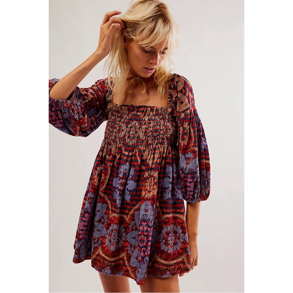 Free People Dresses & Skirts - Free People Dress Floral Clara Corduroy Red Blue Medium M Boho